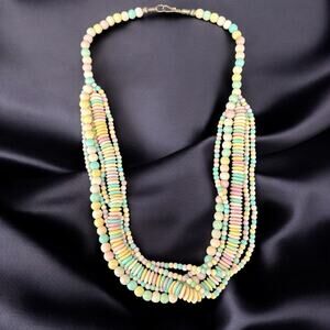 Vintage carved bone necklace colorful multistrand beaded pastel